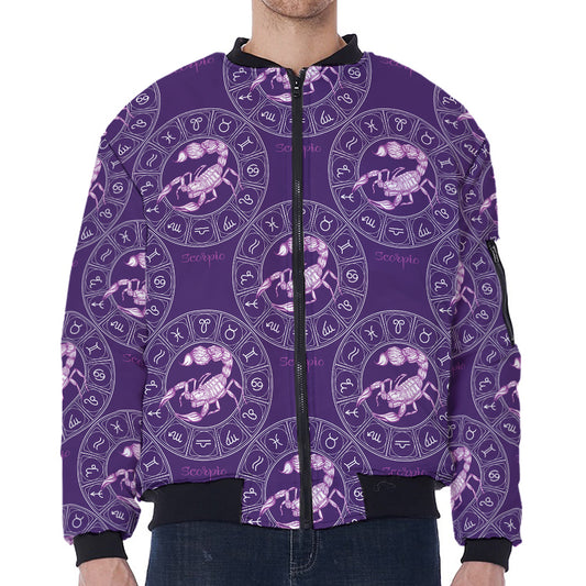 Purple Scorpio Zodiac Pattern Print Zip Sleeve Bomber Jacket