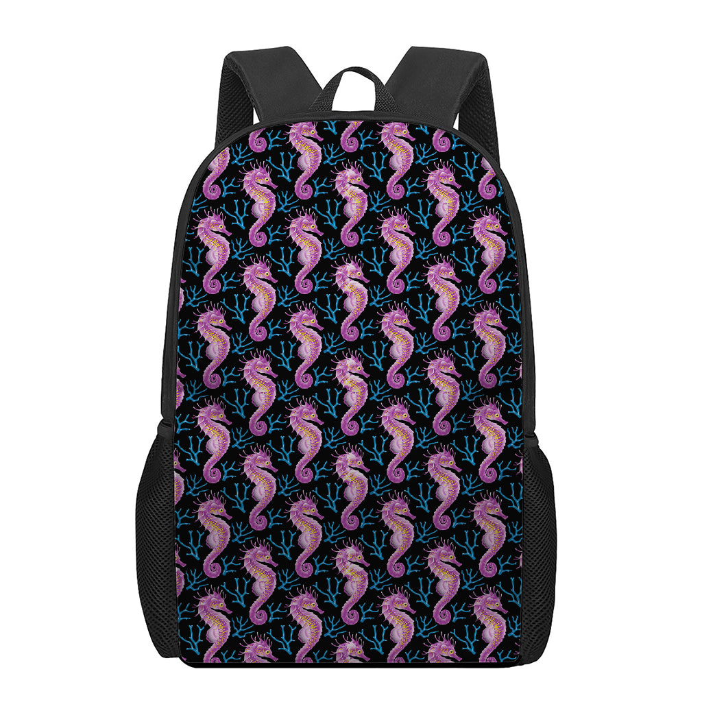 Purple Seahorse Pattern Print 17 Inch Backpack