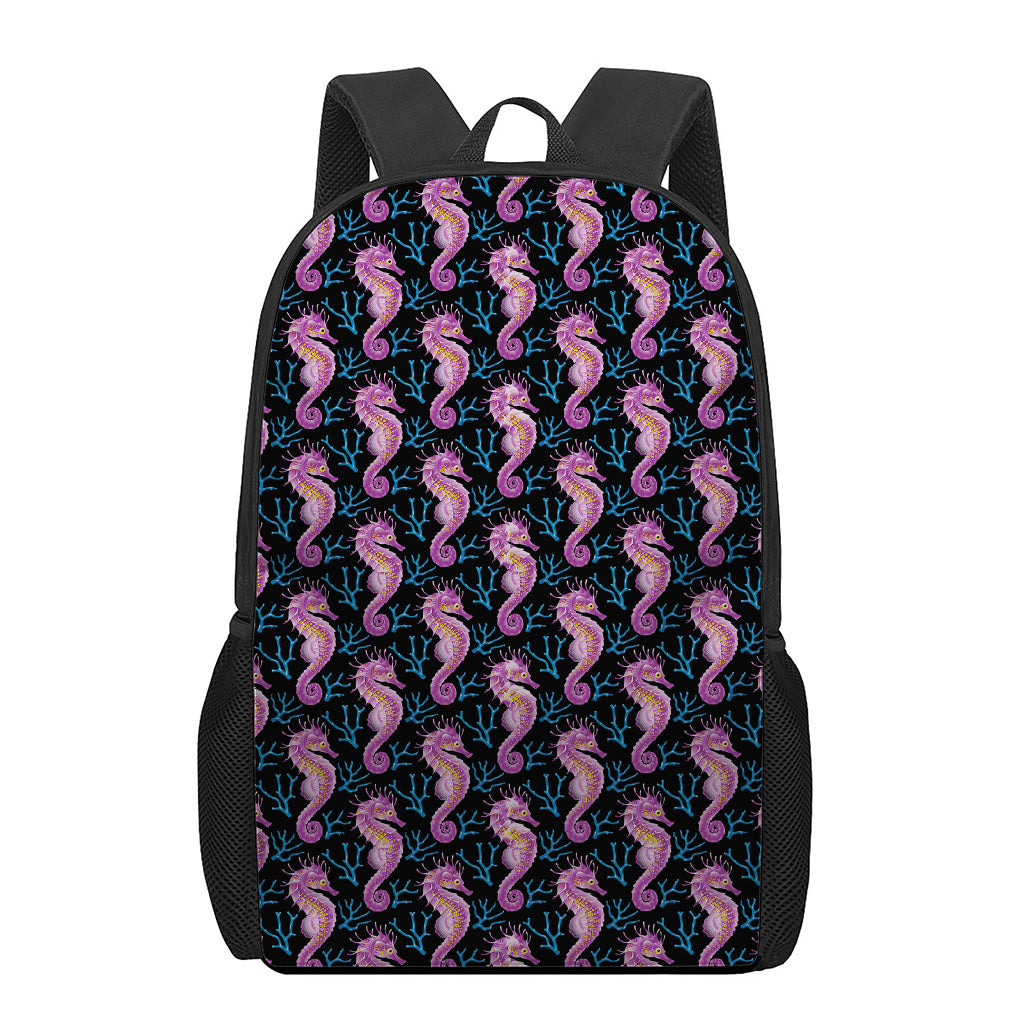 Purple Seahorse Pattern Print 17 Inch Backpack