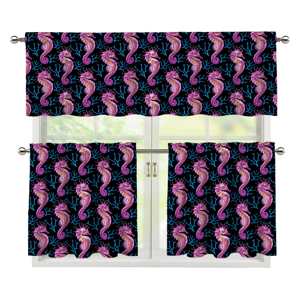 Purple Seahorse Pattern Print 3 Piece Kitchen Curtains
