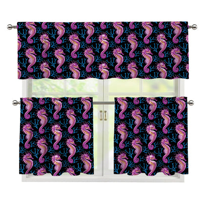 Purple Seahorse Pattern Print 3 Piece Kitchen Curtains