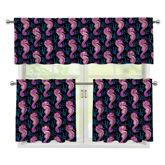 Purple Seahorse Pattern Print 3 Piece Kitchen Curtains