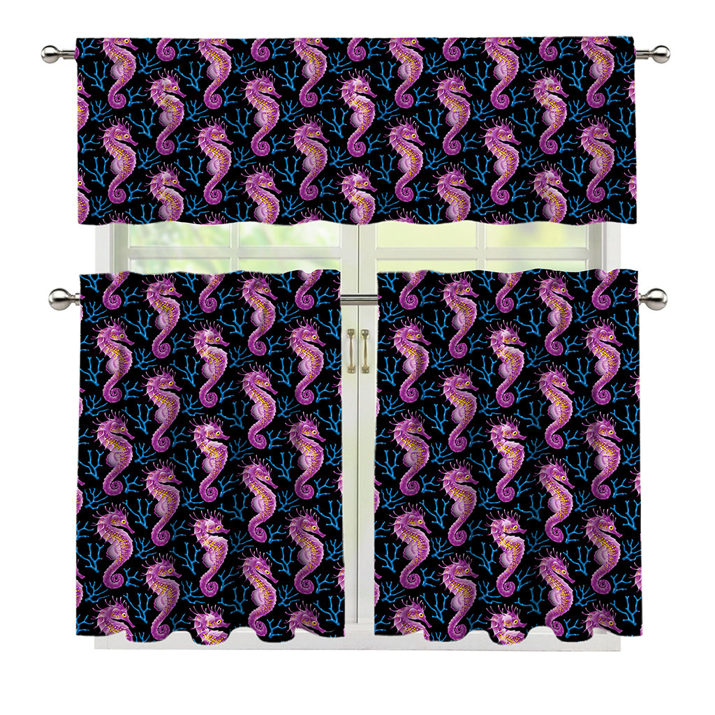 Purple Seahorse Pattern Print 3 Piece Kitchen Curtains