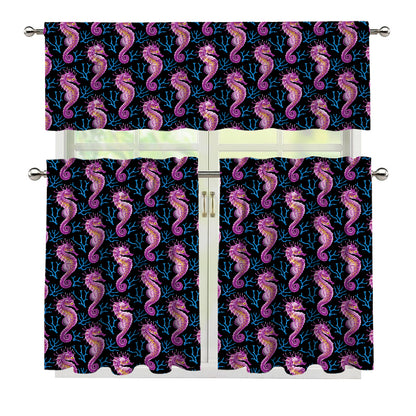 Purple Seahorse Pattern Print 3 Piece Kitchen Curtains