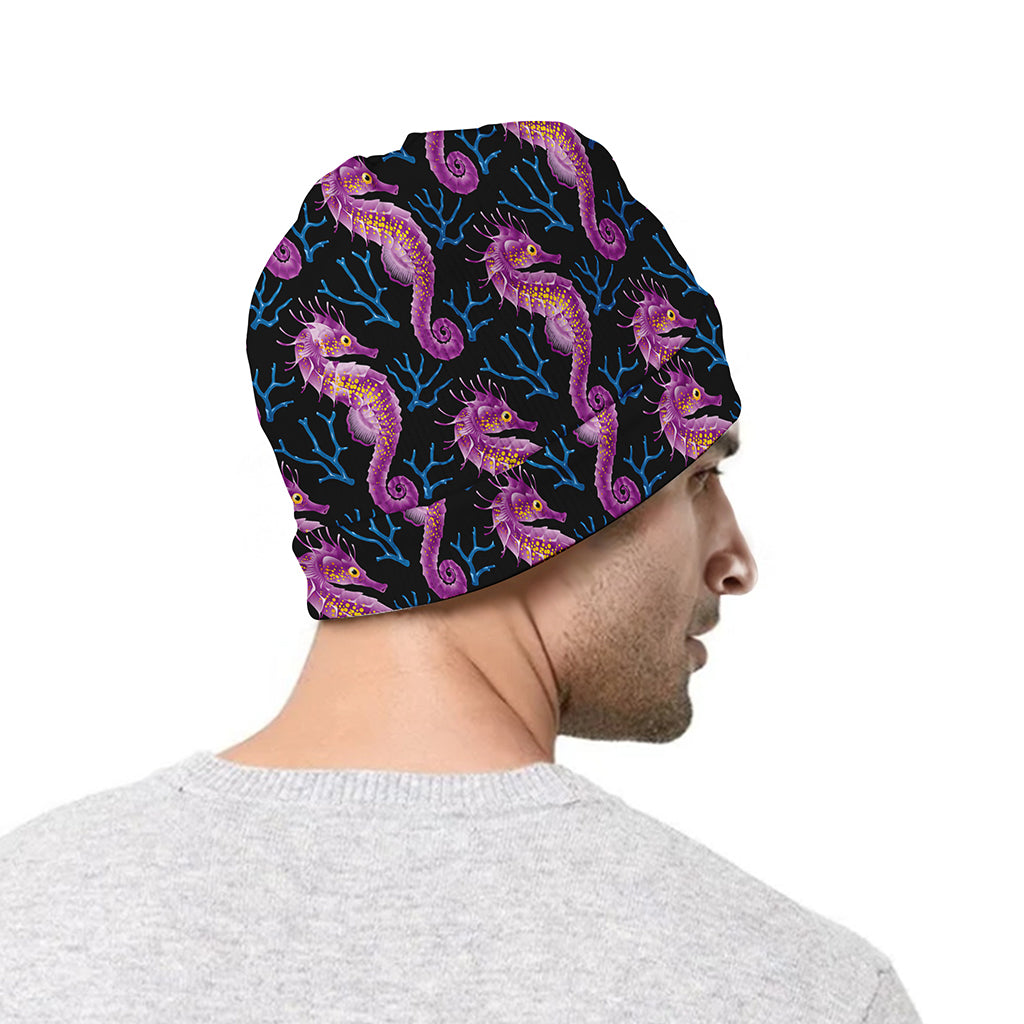 Purple Seahorse Pattern Print Beanie