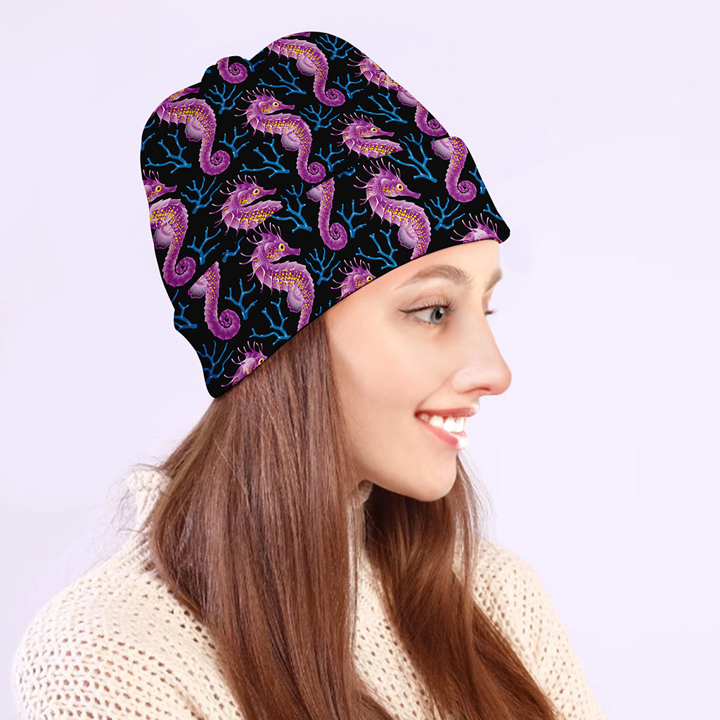 Purple Seahorse Pattern Print Beanie