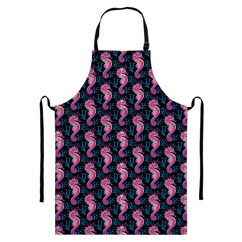 Purple Seahorse Pattern Print Bib Apron With Pocket