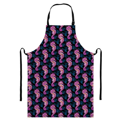 Purple Seahorse Pattern Print Bib Apron With Pocket