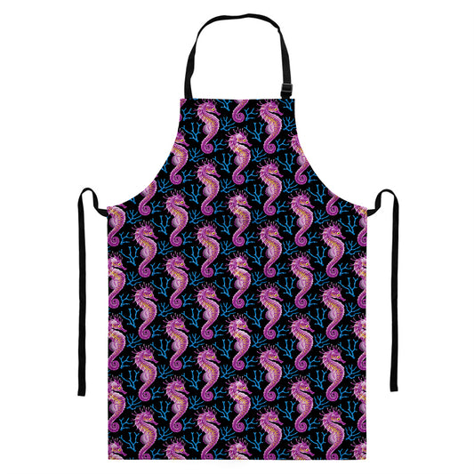 Purple Seahorse Pattern Print Bib Apron With Pocket