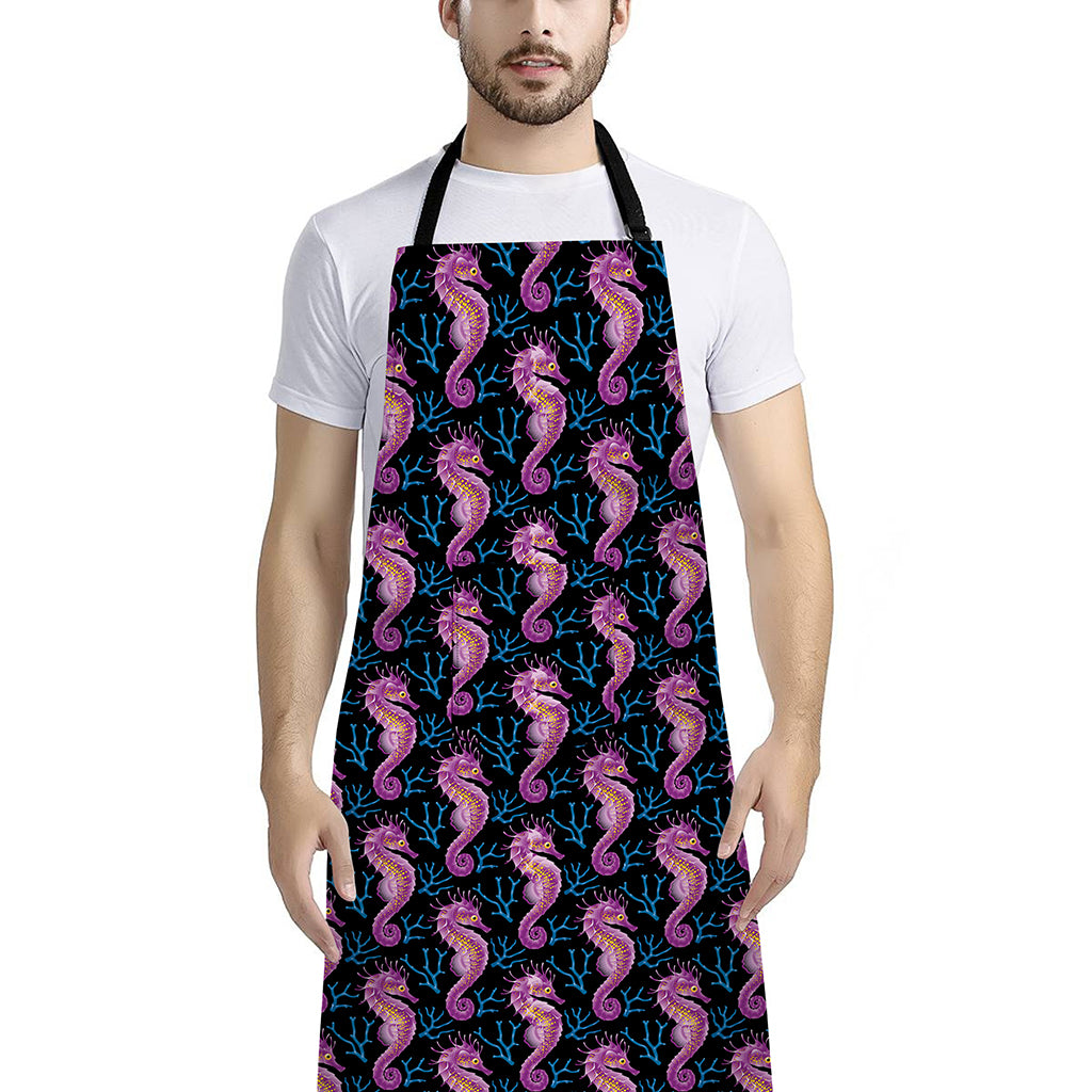 Purple Seahorse Pattern Print Bib Apron With Pocket