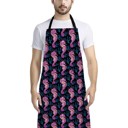 Purple Seahorse Pattern Print Bib Apron With Pocket