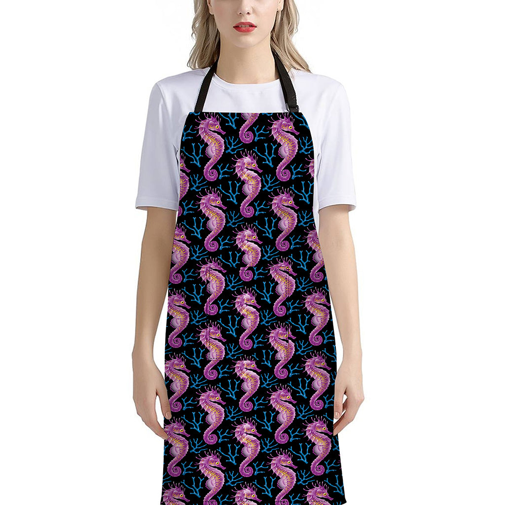 Purple Seahorse Pattern Print Bib Apron With Pocket