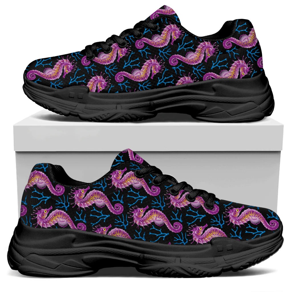 Purple Seahorse Pattern Print Black Chunky Shoes