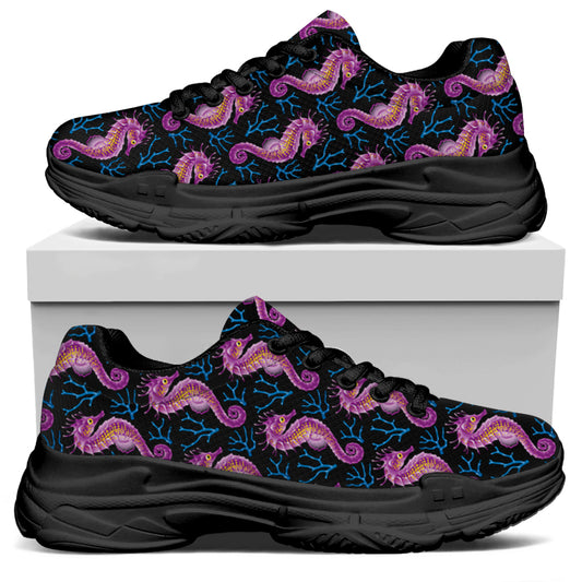 Purple Seahorse Pattern Print Black Chunky Shoes