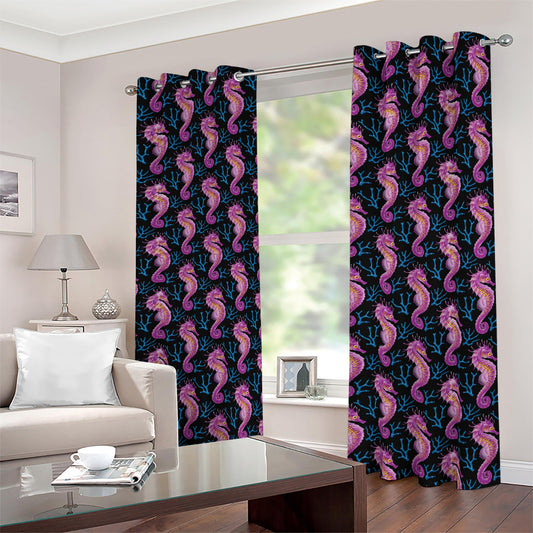 Purple Seahorse Pattern Print Blackout Grommet Curtains