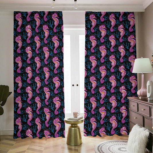 Purple Seahorse Pattern Print Blackout Pencil Pleat Curtains