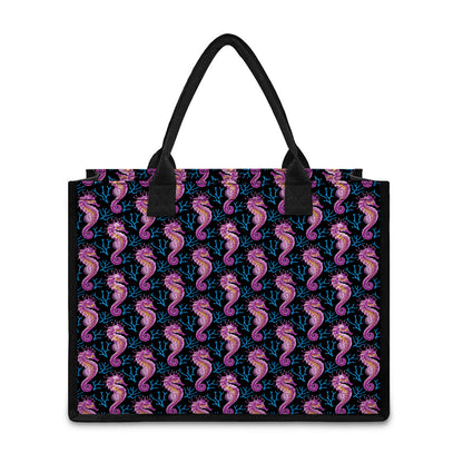Purple Seahorse Pattern Print Canvas Tote Bag