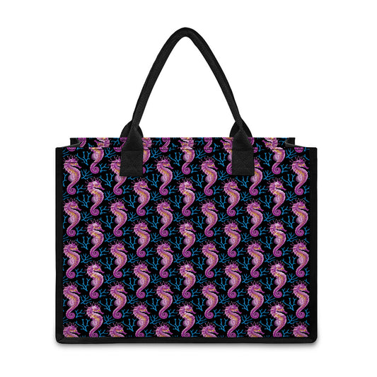 Purple Seahorse Pattern Print Canvas Tote Bag