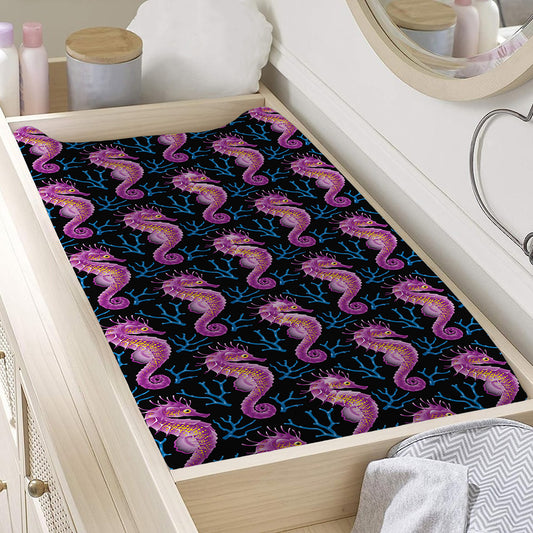 Purple Seahorse Pattern Print Changing Pad Cover