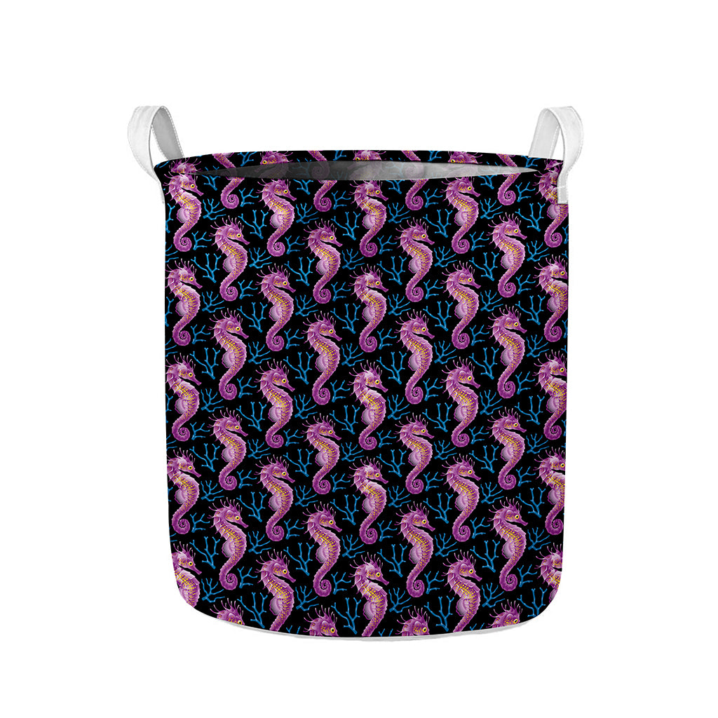 Purple Seahorse Pattern Print Collapsible Laundry Basket