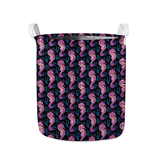 Purple Seahorse Pattern Print Collapsible Laundry Basket