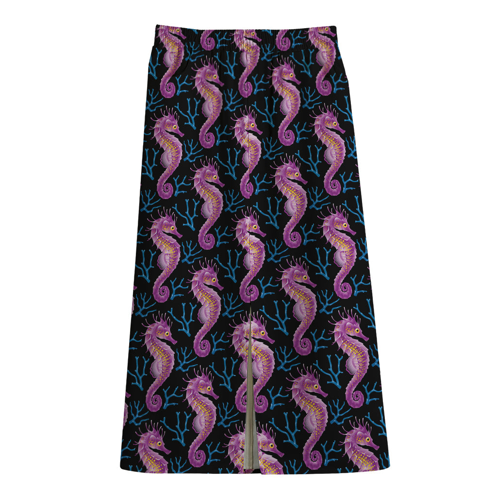 Purple Seahorse Pattern Print Cotton Front Slit Maxi Skirt