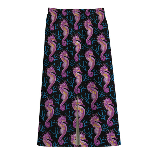 Purple Seahorse Pattern Print Cotton Front Slit Maxi Skirt
