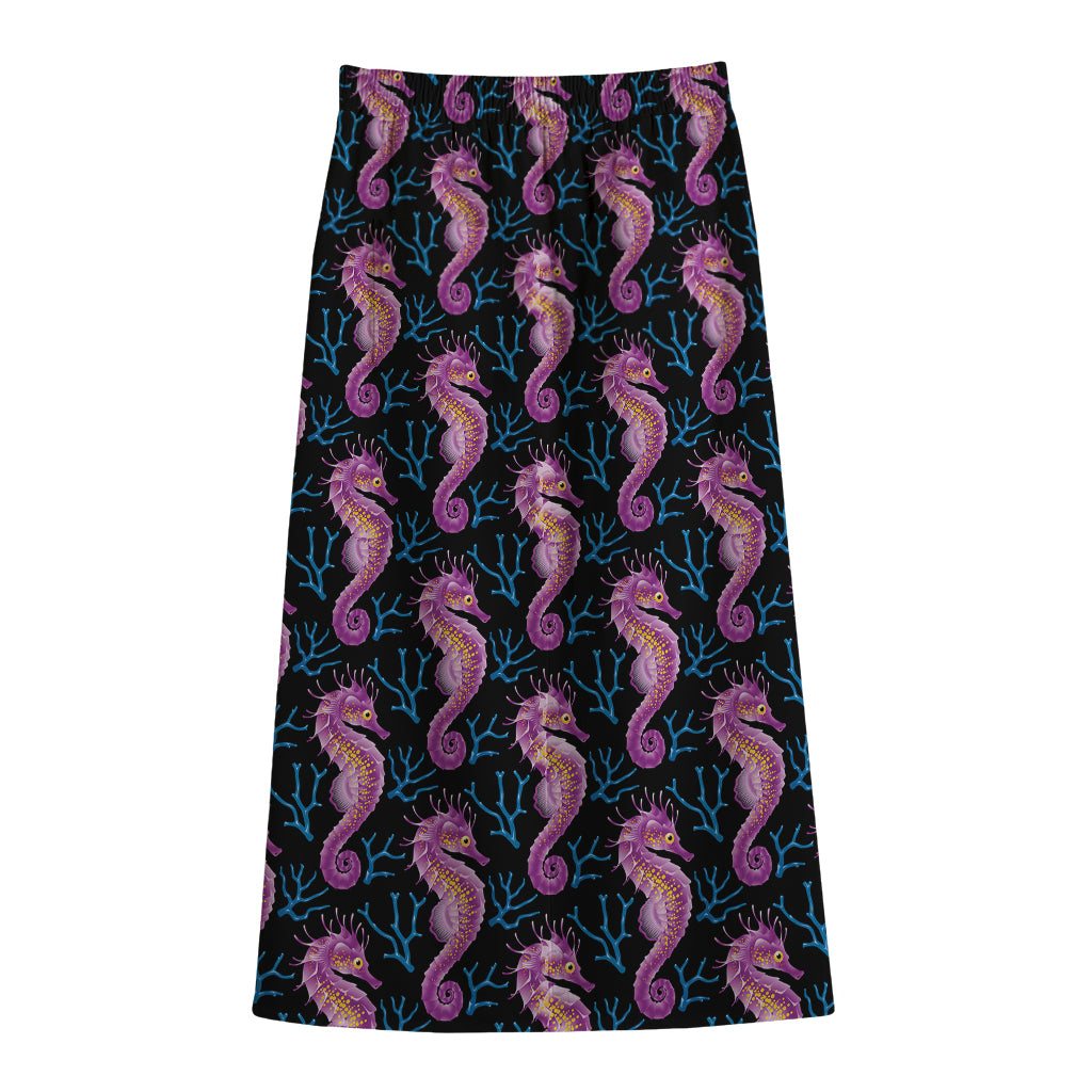 Purple Seahorse Pattern Print Cotton Front Slit Maxi Skirt