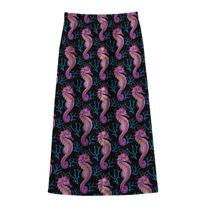 Purple Seahorse Pattern Print Cotton Front Slit Maxi Skirt