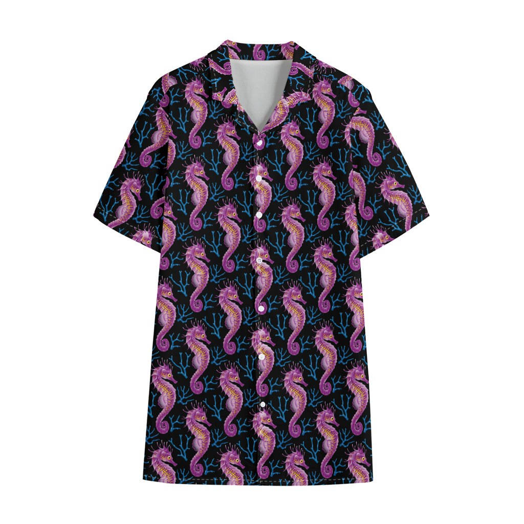 Purple Seahorse Pattern Print Cotton Hawaiian Shirt