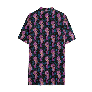 Purple Seahorse Pattern Print Cotton Hawaiian Shirt