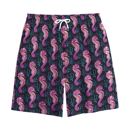 Purple Seahorse Pattern Print Cotton Shorts