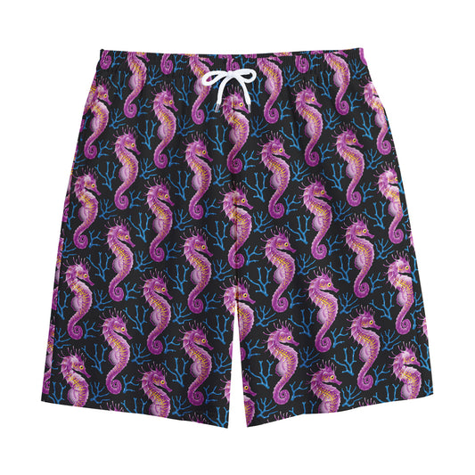 Purple Seahorse Pattern Print Cotton Shorts