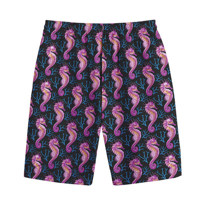 Purple Seahorse Pattern Print Cotton Shorts