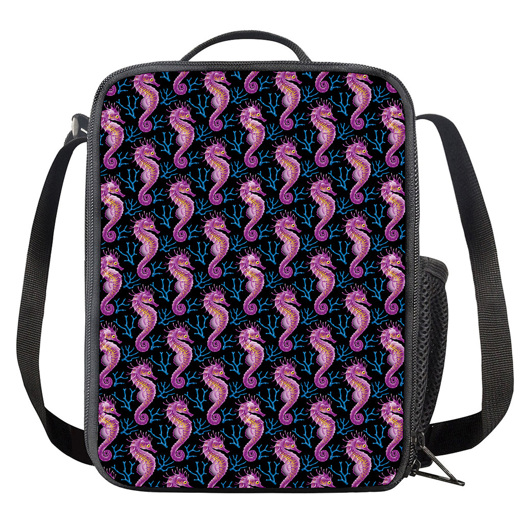 Purple Seahorse Pattern Print Crossbody Lunch Bag