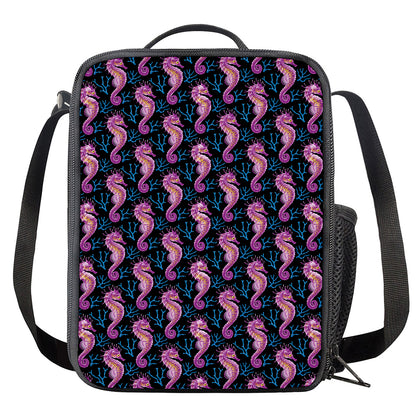 Purple Seahorse Pattern Print Crossbody Lunch Bag