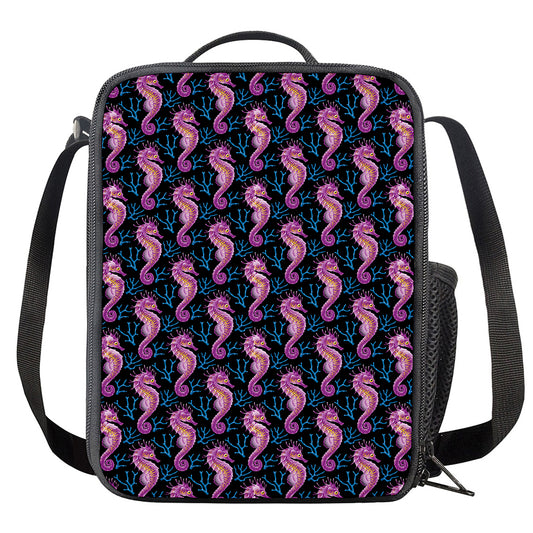Purple Seahorse Pattern Print Crossbody Lunch Bag
