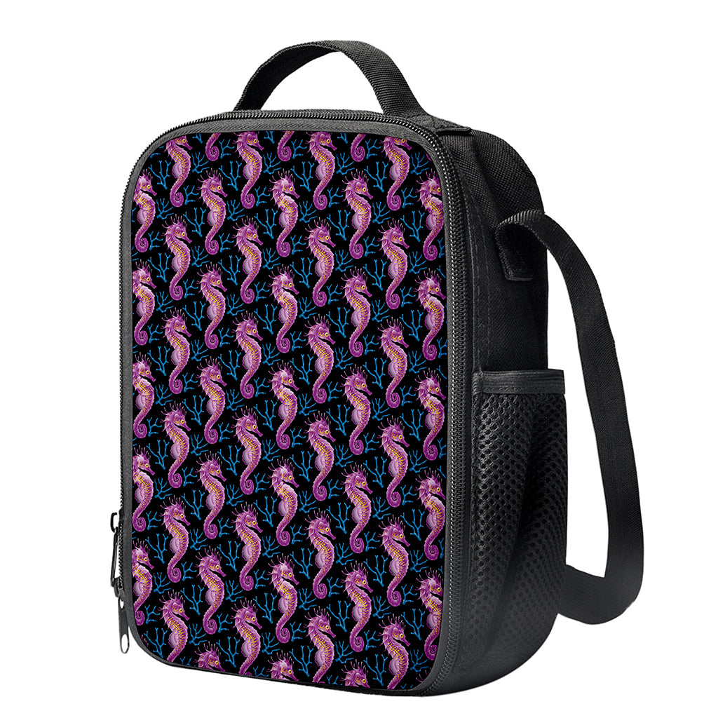 Purple Seahorse Pattern Print Crossbody Lunch Bag