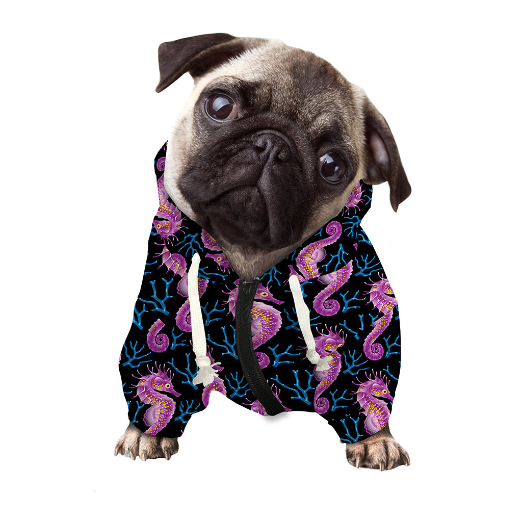 Purple Seahorse Pattern Print Dog Zip Up Hoodie