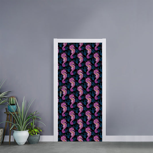 Purple Seahorse Pattern Print Door Sticker