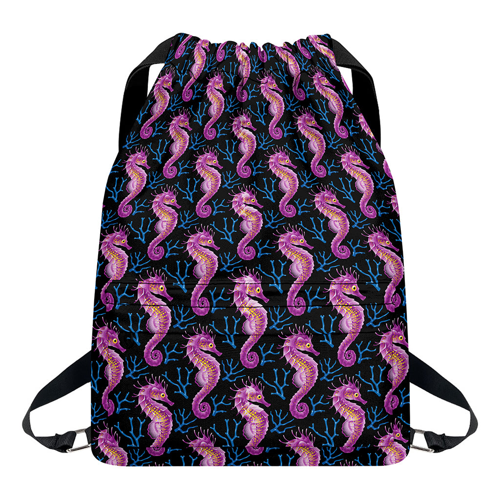 Purple Seahorse Pattern Print Drawstring Backpack