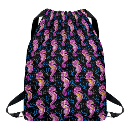 Purple Seahorse Pattern Print Drawstring Backpack