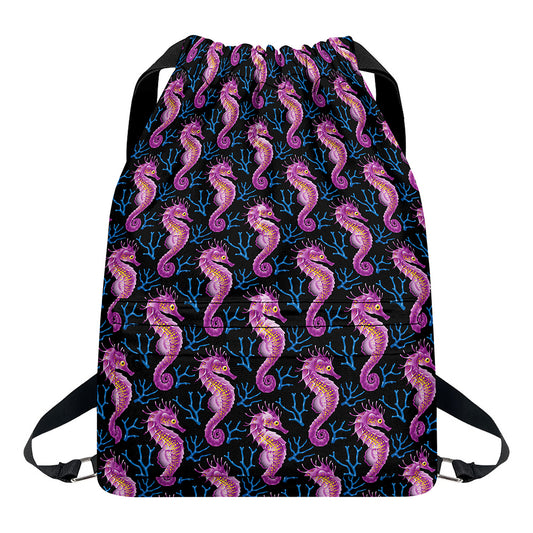 Purple Seahorse Pattern Print Drawstring Backpack
