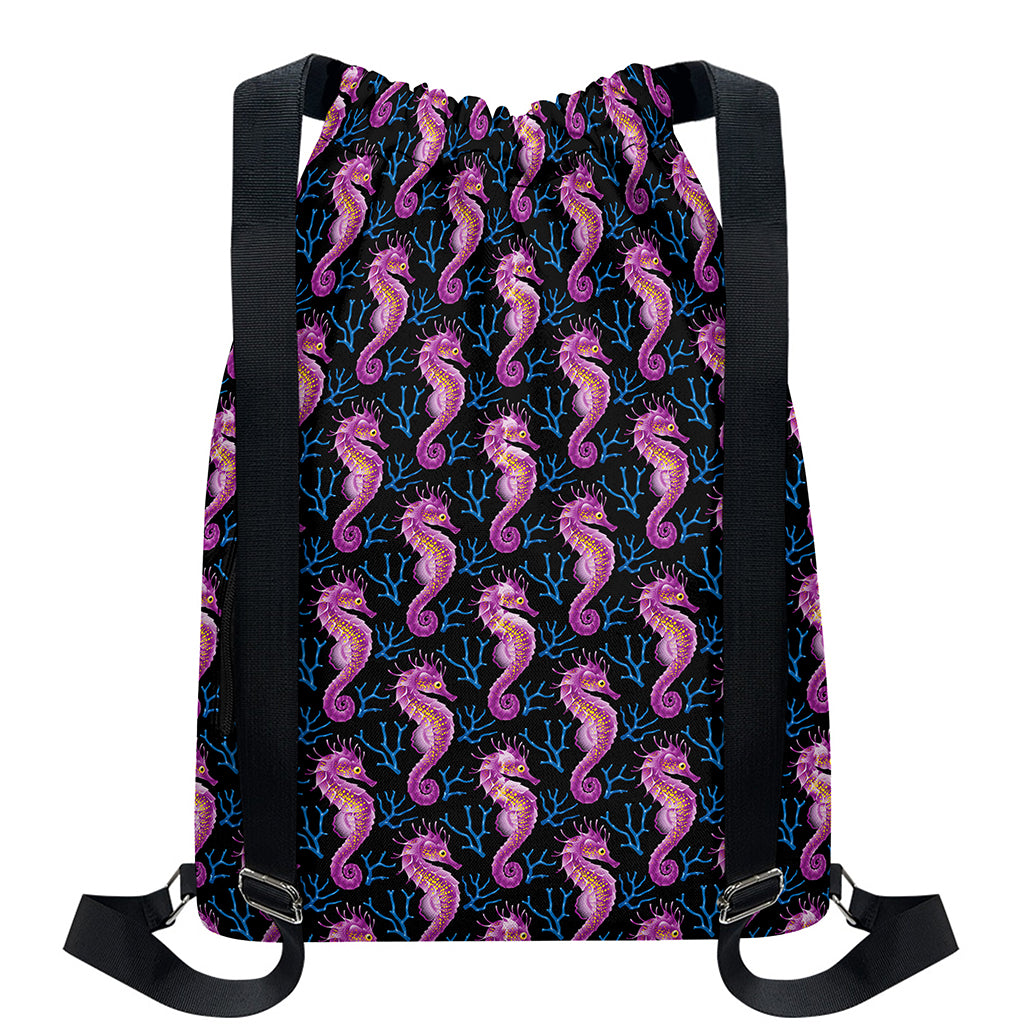 Purple Seahorse Pattern Print Drawstring Backpack
