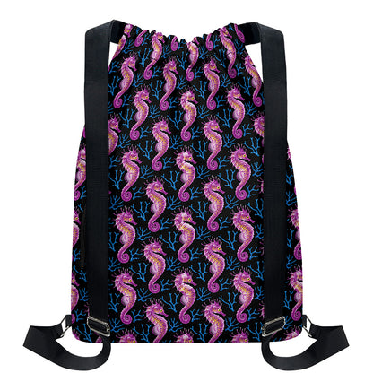 Purple Seahorse Pattern Print Drawstring Backpack
