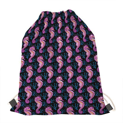 Purple Seahorse Pattern Print Drawstring Bag