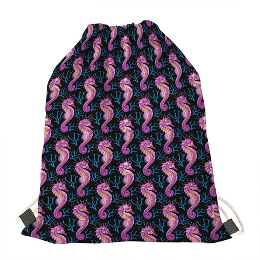 Purple Seahorse Pattern Print Drawstring Bag