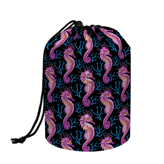 Purple Seahorse Pattern Print Drawstring Makeup Bag