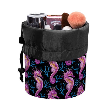 Purple Seahorse Pattern Print Drawstring Makeup Bag