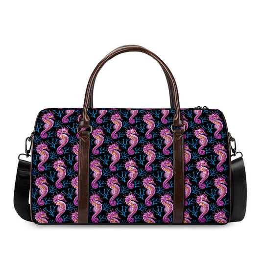 Purple Seahorse Pattern Print Duffle Bag